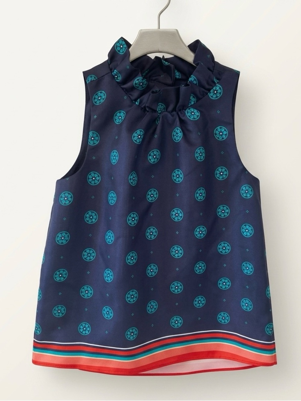 Janie and Jack Girls Navy Lightweight Tank Top with Teal design - ruffle collar